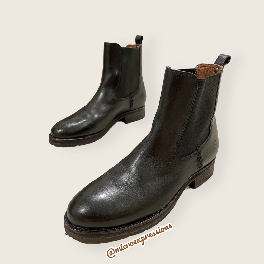 $369 Frye Melissa Chelsea Black Genuine Leather Comfy Low Heel Short Ankle Boot - Picture 8 of 16